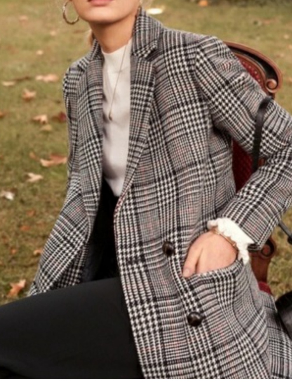 Women's Black & White Glen Plaid Double-Breasted Blazer Coat